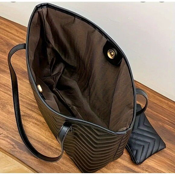 Black Chevron Quilted Tote Bag With Matching Pouch Faux Leather - Picture 3 of 3